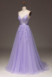 Violet A-ligne Spaghetti bretelles longue perlé et Tulle robe de Soirée avec Appliques