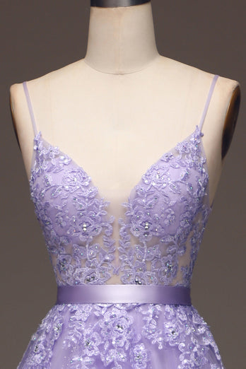 Violet A-ligne Spaghetti bretelles longue perlé et Tulle robe de Soirée avec Appliques
