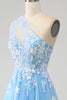 Charger l&#39;image dans la galerie, Superbe une ligne une épaule bleu clair longue robe de soirée en tulle avec des appliques