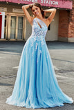 Robe de soirée en Tulle longue à une épaule bleu clair A Line avec appliques