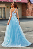 Robe de soirée en Tulle longue à une épaule bleu clair A Line avec appliques