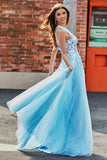 Robe de soirée en Tulle longue à une épaule bleu clair A Line avec appliques