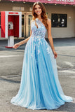 Robe de soirée en Tulle longue à une épaule bleu clair A Line avec appliques