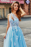 Robe de soirée en Tulle longue à une épaule bleu clair A Line avec appliques