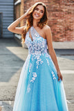 Robe de soirée en Tulle longue à une épaule bleu clair A Line avec appliques