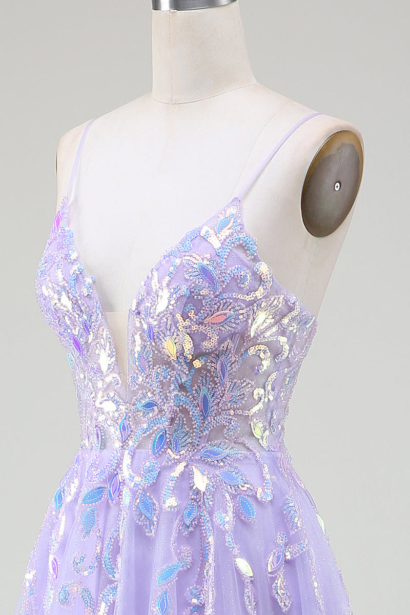 Charger l&#39;image dans la galerie, Robe de soirée violet trapèze avec paillettes