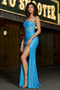 Charger l&#39;image dans la galerie, Superbe sirène bretelles spaghetti bleu corset robe de soirée avec fente devant
