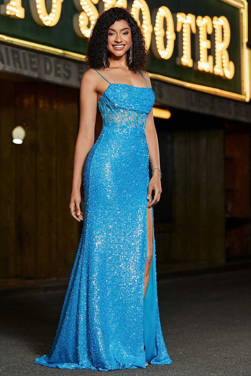 Charger l&#39;image dans la galerie, Superbe sirène bretelles spaghetti bleu corset robe de soirée avec fente devant