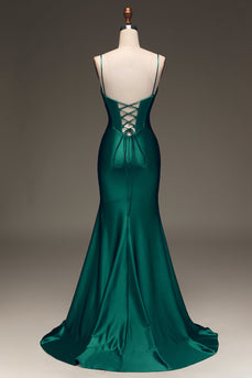 Robe de Soirée vert foncé à lacets pour sirène en satin avec corset