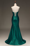 Robe de Soirée vert foncé à lacets pour sirène en satin avec corset