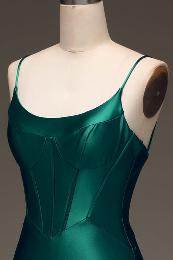 Robe de Soirée vert foncé à lacets pour sirène en satin avec corset