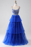 Robe de soirée bleu royal à plusieurs niveaux avec paillettes