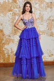 Magnifique une ligne Spaghetti Bretelles Bleu Royal Longue Robe de soirée avec volants Appliques