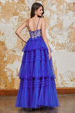 Magnifique une ligne Spaghetti Bretelles Bleu Royal Longue Robe de soirée avec volants Appliques
