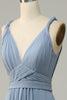 Charger l&#39;image dans la galerie, Dusty Blue Deep V Neck A Line Long Bridesmaid Dress