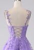 Charger l&#39;image dans la galerie, Robe de soirée longue à bretelles spaghetti trapèze lilas avec appliques