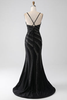 Sirène perlé noir robe de soirée avec fente
