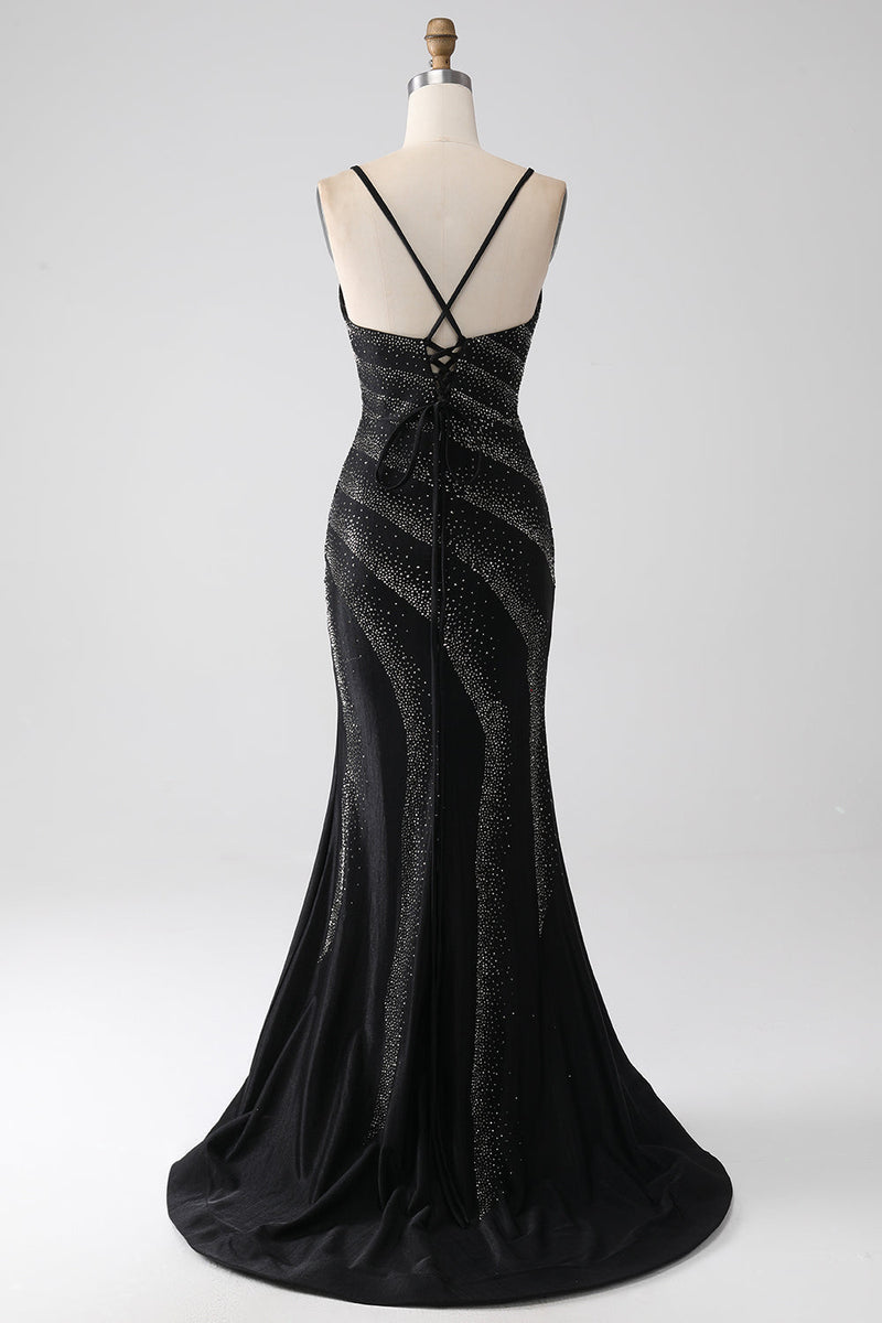 Charger l&#39;image dans la galerie, Sirène perlé noir robe de soirée avec fente