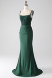 Robe de soirée longue Corset à bretelles spaghetti sirène vert foncé