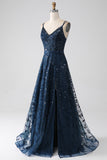 Robe de soirée longue à bretelles spaghetti bleu marine foncé avec fente