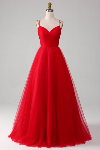 Tulle rouge plissé col en V A-ligne nouer dos robe de soirée