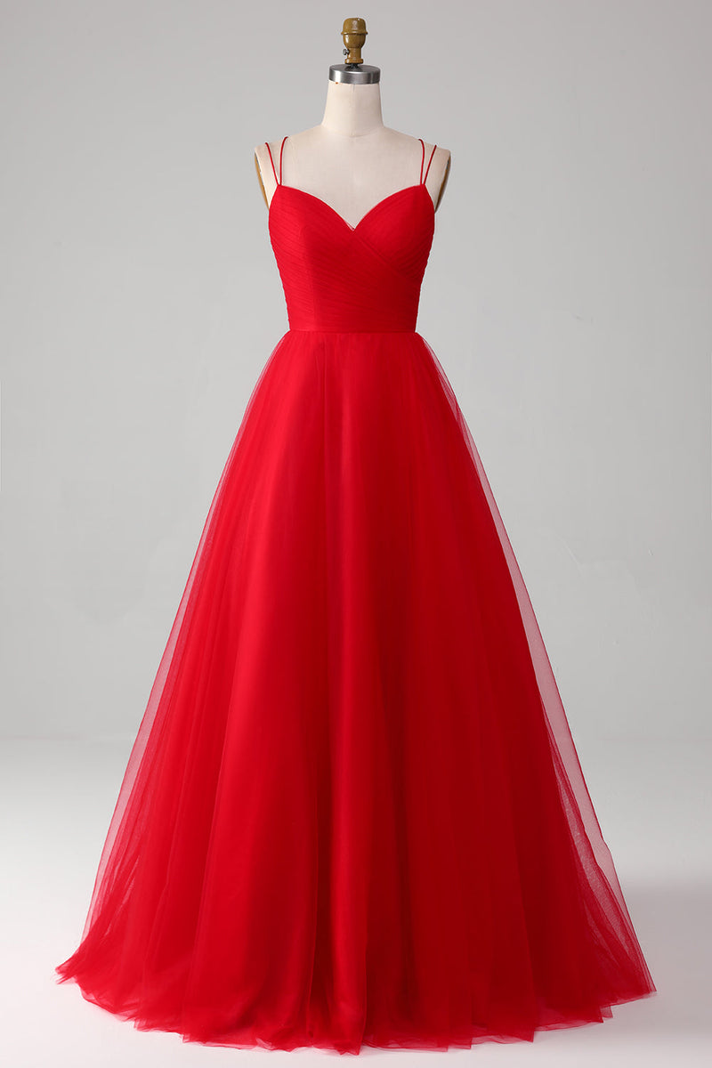 Charger l&#39;image dans la galerie, Tulle rouge plissé col en V A-ligne nouer dos robe de soirée