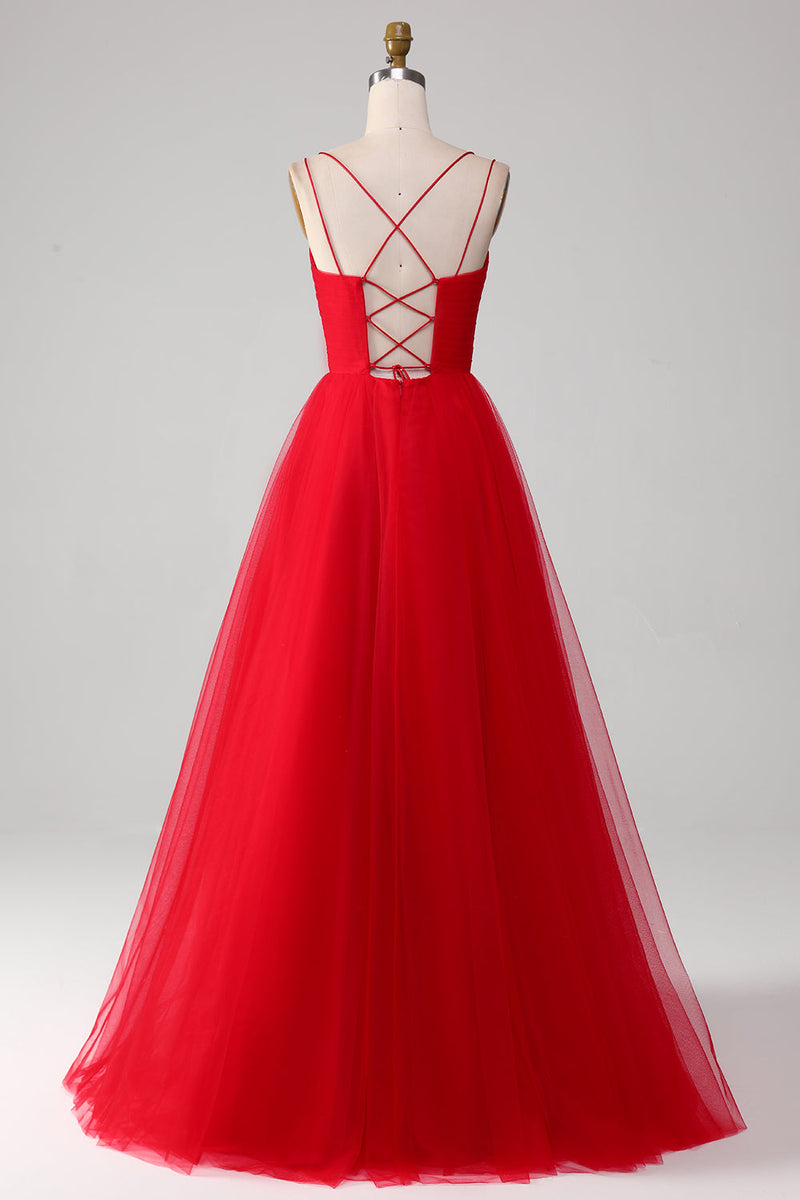 Charger l&#39;image dans la galerie, Tulle rouge plissé col en V A-ligne nouer dos robe de soirée
