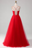 Tulle rouge plissé col en V A-ligne nouer dos robe de soirée