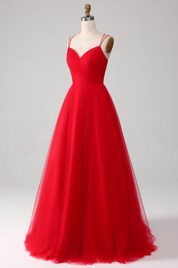 Tulle rouge plissé col en V A-ligne nouer dos robe de soirée