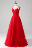 Tulle rouge plissé col en V A-ligne nouer dos robe de soirée