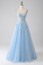 Robe de bal Corset bleu clair A-ligne avec appliques