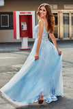 Magnifique une ligne Spaghetti Bretelles Corset bleu clair robe de soirée avec des Appliques