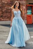 Magnifique une ligne Spaghetti Bretelles Corset bleu clair robe de soirée avec des Appliques