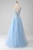 Robe de bal Corset bleu clair A-ligne avec appliques