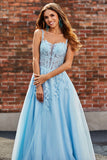 Magnifique une ligne Spaghetti Bretelles Corset bleu clair robe de soirée avec des Appliques