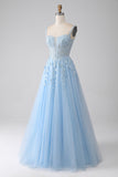Robe de bal Corset bleu clair A-ligne avec appliques