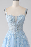 Robe de bal Corset bleu clair A-ligne avec appliques