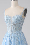 Robe de bal Corset bleu clair A-ligne avec appliques
