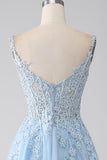 Robe de bal Corset bleu clair A-ligne avec appliques