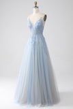 A-ligne Spaghetti Straps Gris Bleu Robe de soirée avec perles