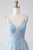 A-ligne Spaghetti Straps Gris Bleu Robe de soirée avec perles