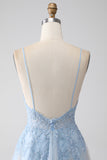 A-ligne Spaghetti Straps Gris Bleu Robe de soirée avec perles