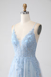 A-ligne Spaghetti Straps Gris Bleu Robe de soirée avec perles