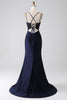 Charger l&#39;image dans la galerie, Sirène perlé bleu marine robe de soirée avec volants