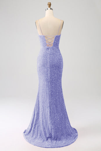 Brillant bleu royal sirène bretelles spaghetti sequin longue robe de Soirée avec fente