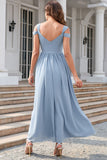 Gris Bleu Manches Froides Robe de Bal Simple