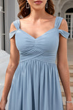 Gris Bleu Manches Froides Robe de Bal Simple