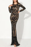 Robe sirène Noire Col Rond Manches Longues Paillettes