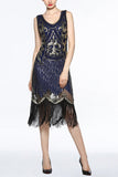 Robe Bleu marine Années 1920 Col V à Franges