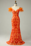 Paillettes orange sur l’épaule Robe de soirée de sirène avec plumes